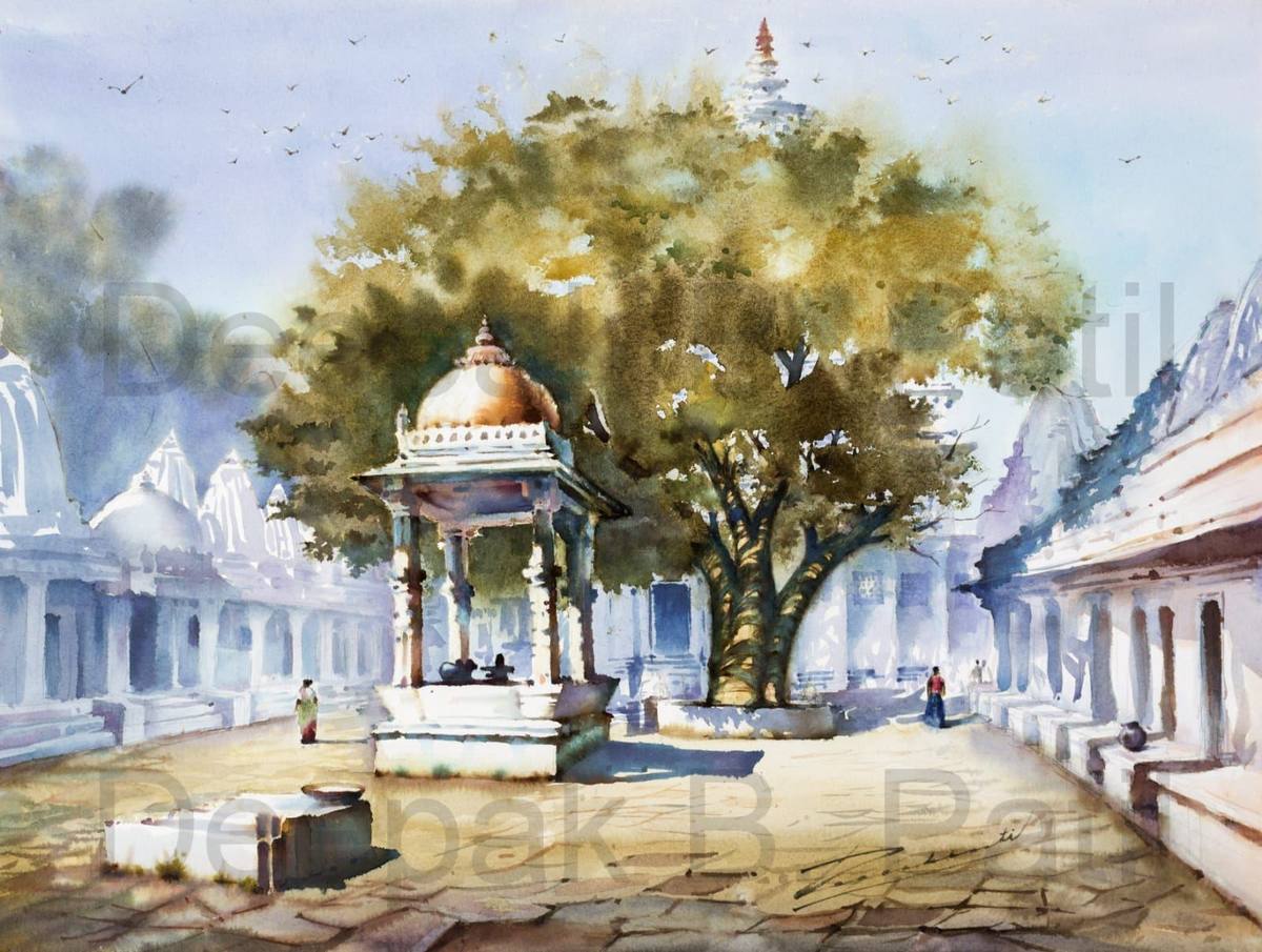 Watercolour of a temple courtyard with a large tree and shrine