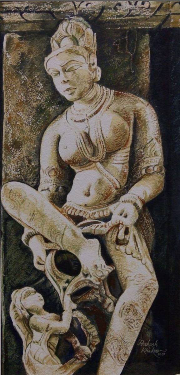 Sculptural relief study of a temple carving in sepia tones