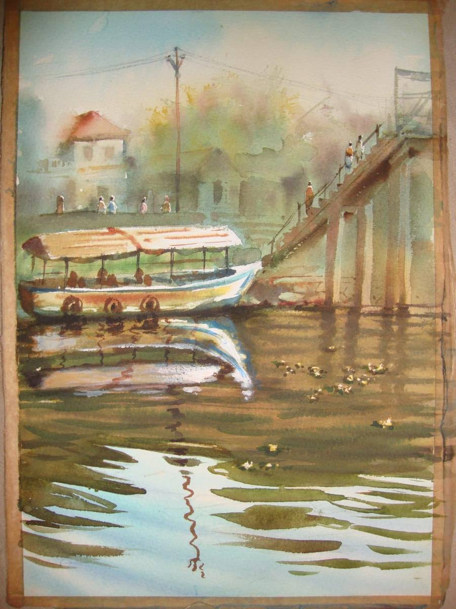 Watercolour of a boat moored at a riverside ghat