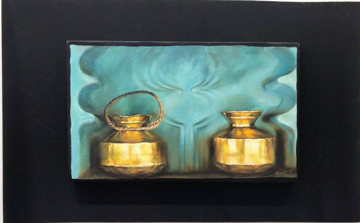 Still life of two brass pots against a teal background