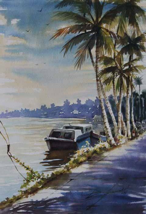 Watercolour of palm trees along a backwater shoreline